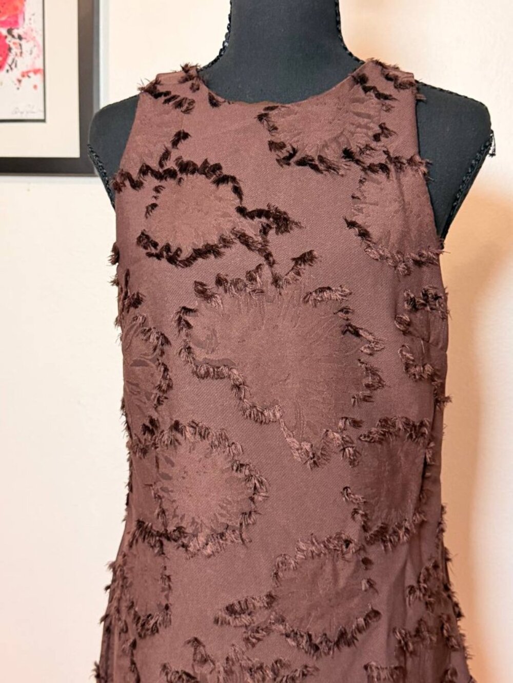 Zara Chocolate Brown Fringe Textured Mini Shift Dress 60s Mod Retro Boho Chic M - Picture 2 of 7